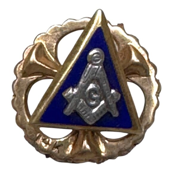Vintage 14K Solid Gold Masonic Square & Compasses Blue Enamel Lapel Pin 0.71g - Picture 1 of 7